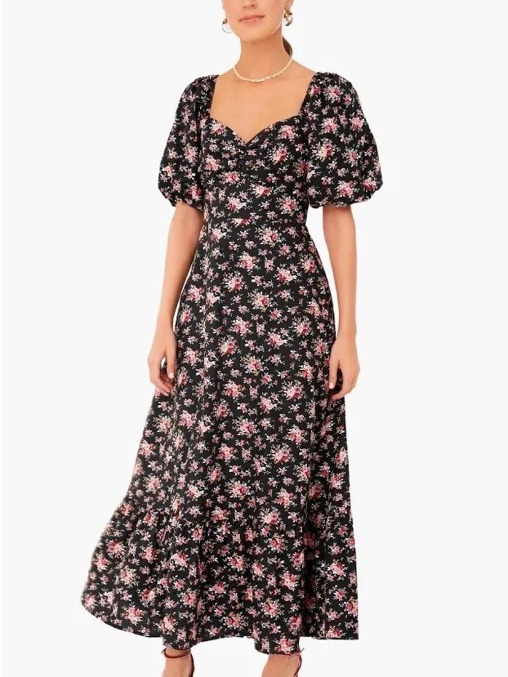 Tuckernuck Hyacinth House Black Floral Puff-Sleeve Maxi Dress - Pink Floral